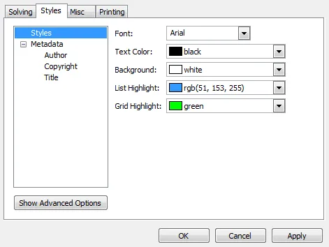 XWord simple style preferences for crossword colors and fonts.