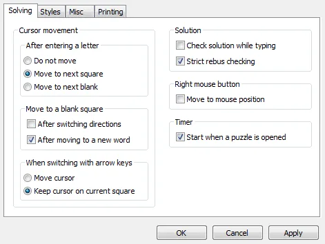XWord solving preferences panel for timer, check, and reveal behaviour.