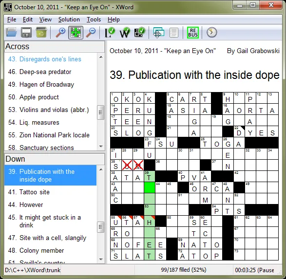 XWord crossword main window with grid, across and down clue lists, and clue prompt.